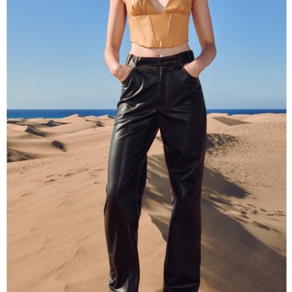 Zara * Faux Leather High Rise Straight Pants - Picture 6 of 9